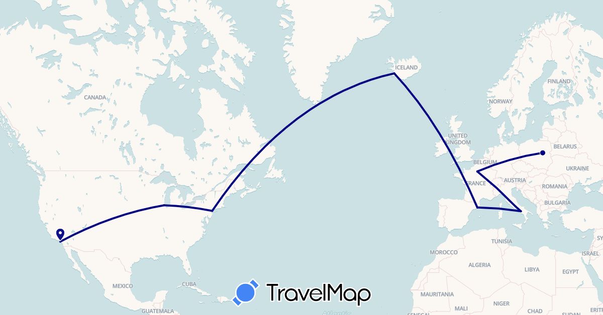 TravelMap itinerary: driving in Spain, France, Iceland, Italy, Poland, United States (Europe, North America)